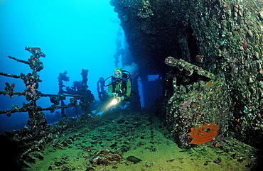 Scuba diver diving on Umbria shipwreck, Wingate Reef, Sudan, Red Sea, Africa