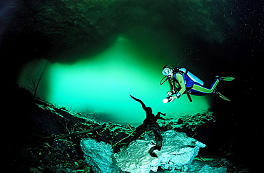 Scuba diver in underwater cave, Laguna Pepe, Punta Cana, Freshwater, Dominican Republic, West Indies, Caribbean, Central America