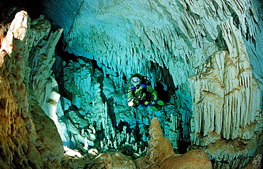 Scuba diver in underwater cave, Cueva Taina, Punta Cana, Freshwater, Dominican Republic, West Indies, Caribbean, Central America