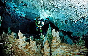 Scuba diver in underwater cave, Cueva Taina, Punta Cana, Freshwater, Dominican Republic, West Indies, Caribbean, Central America