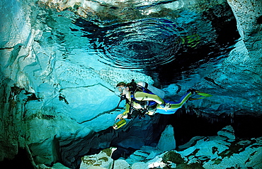 Scuba diver in underwater cave, Cueva Taina, Punta Cana, Freshwater, Dominican Republic, West Indies, Caribbean, Central America