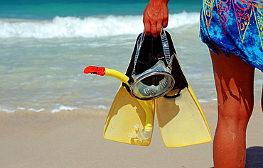 Fins and mask on the beach, Punta Cana, Dominican Republic, West Indies, Caribbean, Central America