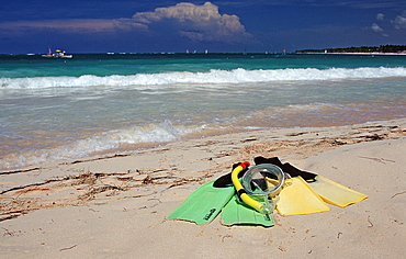 Fins and mask on the beach, Punta Cana, Dominican Republic, West Indies, Caribbean, Central America