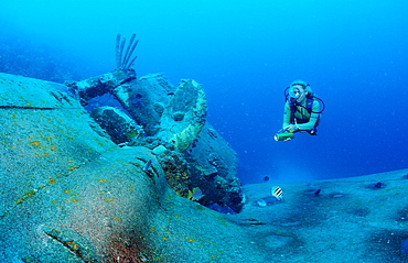 Scuba diver on the Hilma Hooker Ship Wreck, Netherlands Antilles, Bonaire, Caribbean Sea