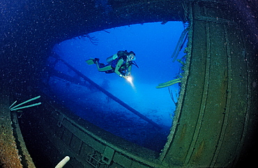 Scuba diver on the Hilma Hooker Ship Wreck, Netherlands Antilles, Bonaire, Caribbean Sea