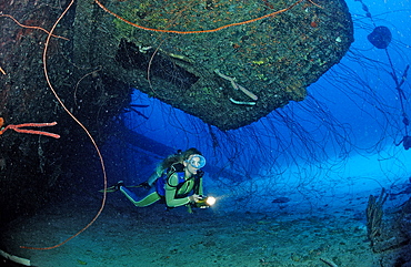 Scuba diver on the Hilma Hooker Ship Wreck, Netherlands Antilles, Bonaire, Caribbean Sea