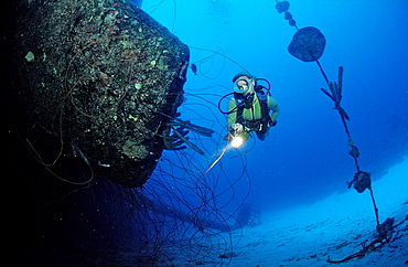 Scuba diver on the Hilma Hooker Ship Wreck, Netherlands Antilles, Bonaire, Caribbean Sea