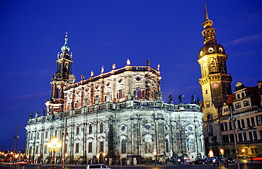 Hofkirche, Hausmannsturm and Schloss at night, Germany, Dresden