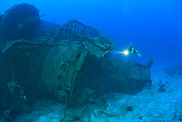 Diver at Bridge of Destroyer USS Anderson, Marshall Islands, Bikini Atoll, Micronesia, Pacific Ocean