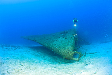 Diver at Bow of Destroyer USS Anderson, Marshall Islands, Bikini Atoll, Micronesia, Pacific Ocean