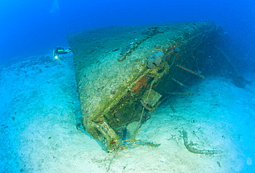 Diver at Bow of Destroyer USS Anderson, Marshall Islands, Bikini Atoll, Micronesia, Pacific Ocean