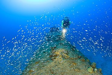 Diver over Stern of USS Apogon Submarine, Marshall Islands, Bikini Atoll, Micronesia, Pacific Ocean