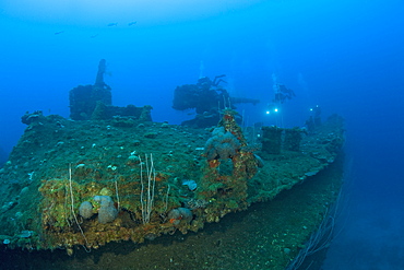 Diver over Deck of USS Carlisle Attack Transporter, Marshall Islands, Bikini Atoll, Micronesia, Pacific Ocean