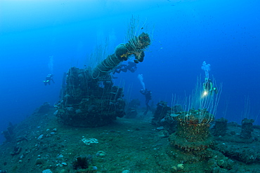 Deck of USS Carlisle with 5-inch Gun and Divers, Marshall Islands, Bikini Atoll, Micronesia, Pacific Ocean