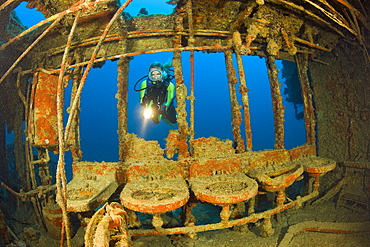 Diver near Lavatory with Sinks at Destroyer USS Lamson, Marshall Islands, Bikini Atoll, Micronesia, Pacific Ocean