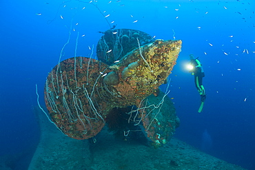 Diver at Propeller of HIJMS Nagato Battleship, Marshall Islands, Bikini Atoll, Micronesia, Pacific Ocean