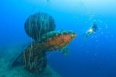 Diver at Propeller of HIJMS Nagato Battleship, Marshall Islands, Bikini Atoll, Micronesia, Pacific Ocean