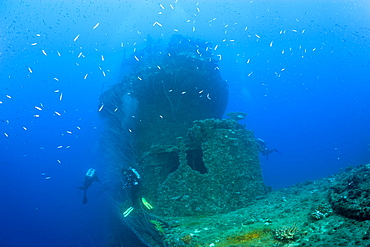 Diver at Bridge of USS Saratoga, Marshall Islands, Bikini Atoll, Micronesia, Pacific Ocean