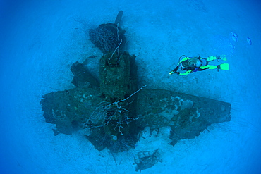 Diver and Bomber on Port Side of USS Saratoga, Marshall Islands, Bikini Atoll, Micronesia, Pacific Ocean