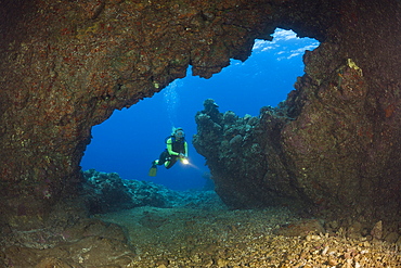 Diver at Caves of Lava Tubes, Cathedrals of Lanai, Maui, Hawaii, USA