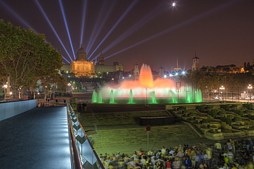 Lightshow with Illuminated Fountain Font Magica at Montjuic, Barcelona, Catalonia, Spain