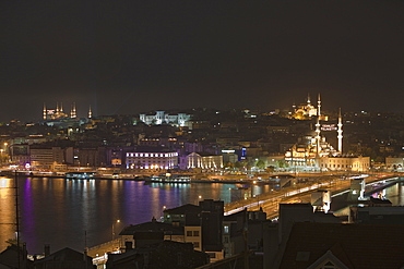 Galata Bridge over Golden Horn and Area of Eminoenue and Sultanahmet, Istanbul, Turkey