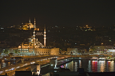 New Mosque Yeni Cami with Golden Horn and Galata Bridge in Front and Nuru Osmaniye Mosque in Background, Istanbul, Turkey