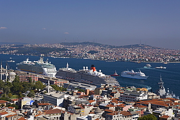 View from Galata Tower to Bosporus and Asien Continent, Istanbul, Turkey