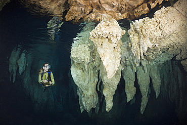 Diver in Chandelier Dripstone Cave, Micronesia, Palau