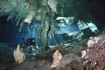 Scuba Diver in Gran Cenote, Tulum, Yucatan Peninsula, Mexico