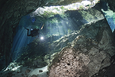 Scuba Diver in Gran Cenote, Tulum, Yucatan Peninsula, Mexico