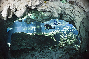 Scuba Diver in Gran Cenote, Tulum, Yucatan Peninsula, Mexico