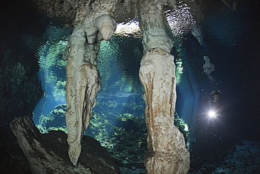 Scuba Diver in Gran Cenote, Tulum, Yucatan Peninsula, Mexico