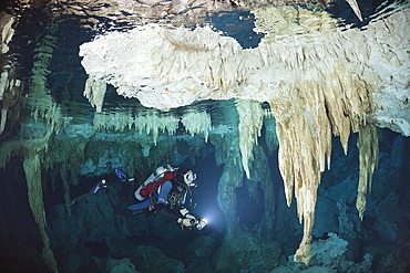 Scuba diver at Dos Ojos Cenote, Playa del Carmen, Yucatan Peninsula, Mexico