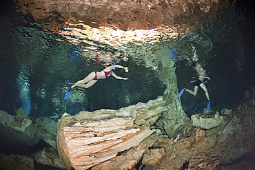 Tourists swimming at Dos Ojos Cenote, Playa del Carmen, Yucatan Peninsula, Mexico