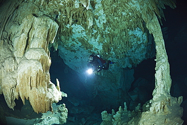 Scuba Diver in Dos Ojos Cenote, Playa del Carmen, Yucatan Peninsula, Mexico