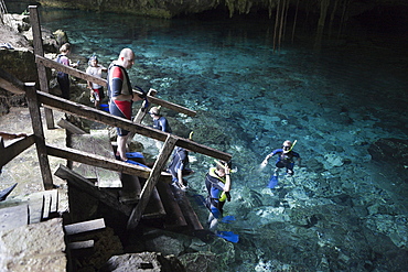 Tourists at Dos Ojos Cenote, Playa del Carmen, Yucatan Peninsula, Mexico