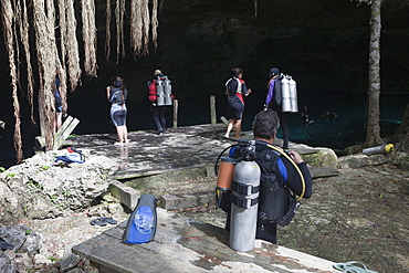 Tourists at Dos Ojos Cenote, Playa del Carmen, Yucatan Peninsula, Mexico