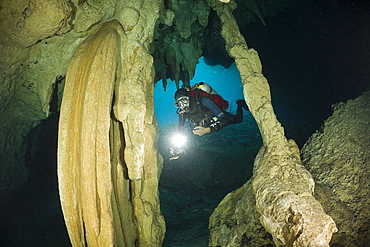 Scuba Diver in Car Wash Cenote Aktun Ha, Tulum, Yucatan Peninsula, Mexico