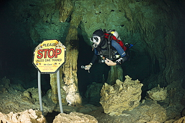 Scuba Diver in Car Wash Cenote Aktun Ha, Tulum, Yucatan Peninsula, Mexico