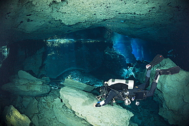 Cave Diver in Chac Mool Cenote, Playa del Carmen, Yucatan Peninsula, Mexico