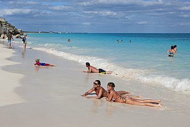 Tourist at Beach of Maya Ruines of Tulum, Riviera Maya, Yucatan Peninsula, Caribbean Sea, Mexico