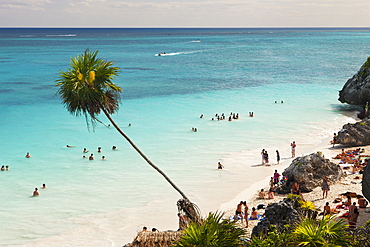 Tourist at Beach of Maya Ruines of Tulum, Riviera Maya, Yucatan Peninsula, Caribbean Sea, Mexico