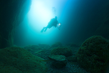 Scuba diver inside cave, Cap de Creus, Costa Brava, Spain, Mediterranean, Europe