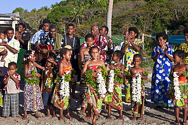 Village people welcome tourists, Makogai, Lomaviti, Fiji, Pacific