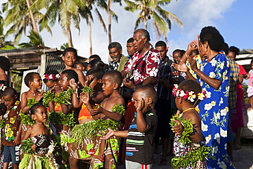 Village people welcome tourists, Makogai, Lomaviti, Fiji, Pacific