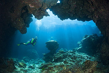 Scuba diver in Underwater Cave, Namena Marine Reserve, Fiji, Pacific