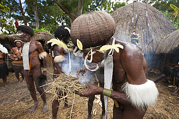 Dani man making fire the old way, Baliem Valley, West Papua, Indonesia, Southeast Asia, Asia