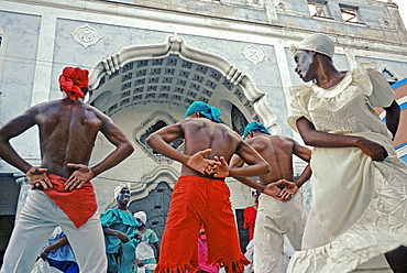 A group of dancers at an Afro-Cuban festival in Guanabacoa just east of Havana, performing a dance depicting slavery, Cuba