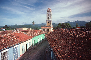 Terracotta rooftops of colonial buildings and the belltower of the San Francisco church, Trinidad, Sancti Spiritus Province, Cuba